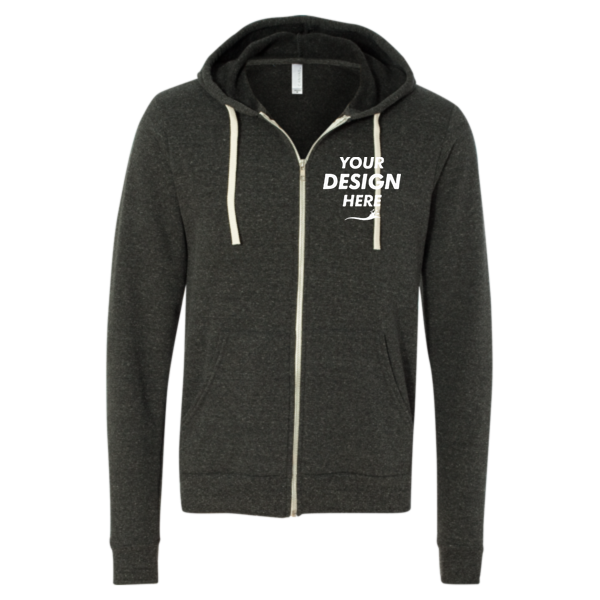 Bella + Canvas Unisex Triblend Sponge Fleece Full-Zip Hoodie Sweatshirt, Charcoal Black Triblend, Front view, Mockup