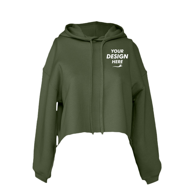 Bella + Canvas Women's Crop Fleece Hoodie Sweatshirt, Military Green, Front view, Mockup