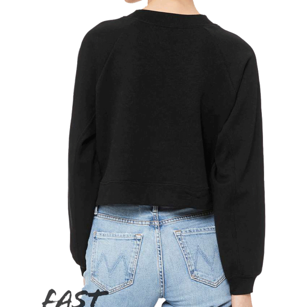 Bella + Canvas Women's Crop Raglan Fleece Crewneck Sweatshirt, Black, Back view