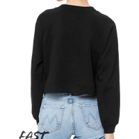 Bella + Canvas Women's Crop Raglan Fleece Crewneck Sweatshirt, Black, Back view
