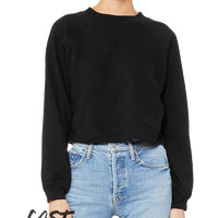 Bella + Canvas Women's Crop Raglan Fleece Crewneck Sweatshirt, Black, Front view