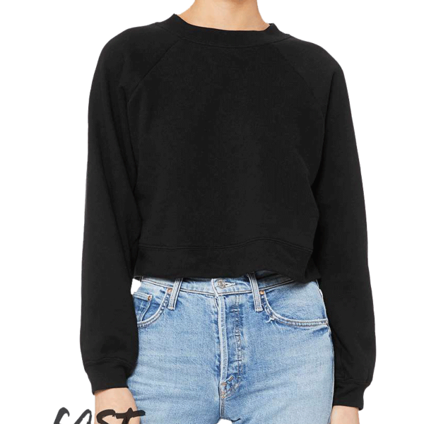 Bella + Canvas Women's Crop Raglan Fleece Crewneck Sweatshirt, Black, Front view