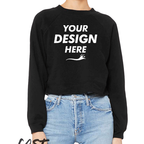 Bella + Canvas Women's Crop Raglan Fleece Crewneck Sweatshirt, Black, Front view, Mockup