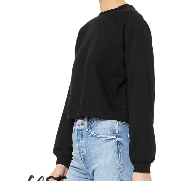 Bella + Canvas Women's Crop Raglan Fleece Crewneck Sweatshirt, Black, Left Sleeve view