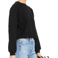 Bella + Canvas Women's Crop Raglan Fleece Crewneck Sweatshirt, Black, Right Sleeve view