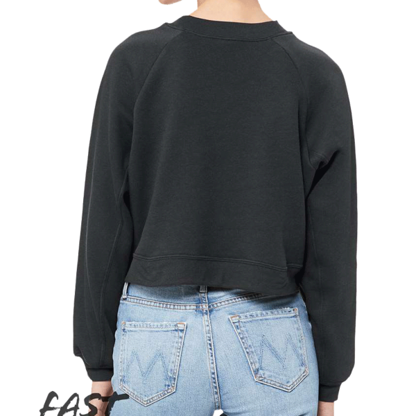 Bella + Canvas Women's Crop Raglan Fleece Crewneck Sweatshirt, Dark Grey, Back view