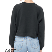 Bella + Canvas Women's Crop Raglan Fleece Crewneck Sweatshirt, Dark Grey, Back view