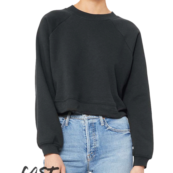 Bella + Canvas Women's Crop Raglan Fleece Crewneck Sweatshirt, Dark Grey, Front view