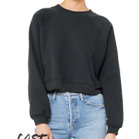 Bella + Canvas Women's Crop Raglan Fleece Crewneck Sweatshirt, Dark Grey, Front view