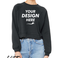 Bella + Canvas Women's Crop Raglan Fleece Crewneck Sweatshirt, Dark Grey, Front view, Mockup
