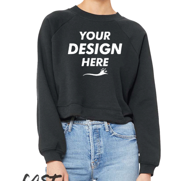 Bella + Canvas Women's Crop Raglan Fleece Crewneck Sweatshirt, Dark Grey, Front view, Mockup