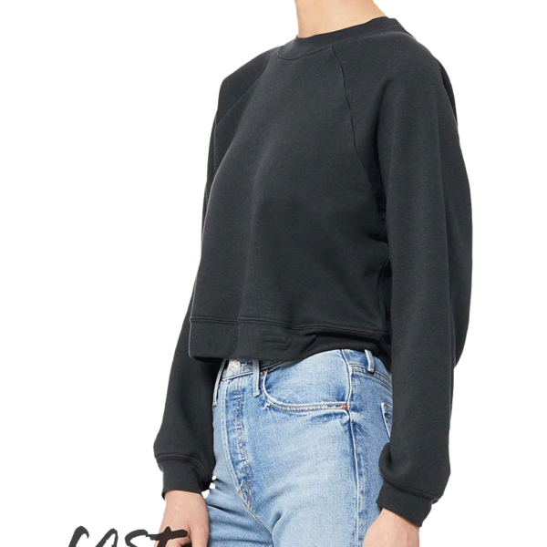 Bella + Canvas Women's Crop Raglan Fleece Crewneck Sweatshirt, Dark Grey, Left Sleeve view