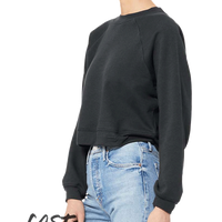 Bella + Canvas Women's Crop Raglan Fleece Crewneck Sweatshirt, Dark Grey, Left Sleeve view