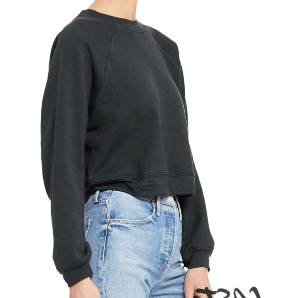 Bella + Canvas Women's Crop Raglan Fleece Crewneck Sweatshirt, Dark Grey, Right Sleeve view