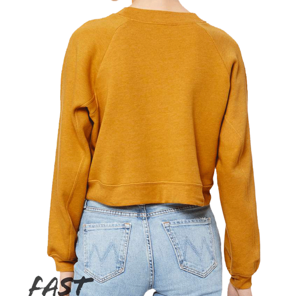 Bella + Canvas Women's Crop Raglan Fleece Crewneck Sweatshirt, Heather Mustard, Back view