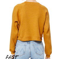 Bella + Canvas Women's Crop Raglan Fleece Crewneck Sweatshirt, Heather Mustard, Back view