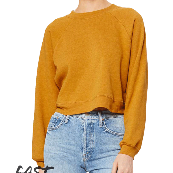 Bella + Canvas Women's Crop Raglan Fleece Crewneck Sweatshirt, Heather Mustard, Front view