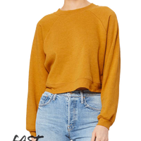 Bella + Canvas Women's Crop Raglan Fleece Crewneck Sweatshirt, Heather Mustard, Front view