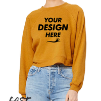 Bella + Canvas Women's Crop Raglan Fleece Crewneck Sweatshirt, Heather Mustard, Front view, Mockup
