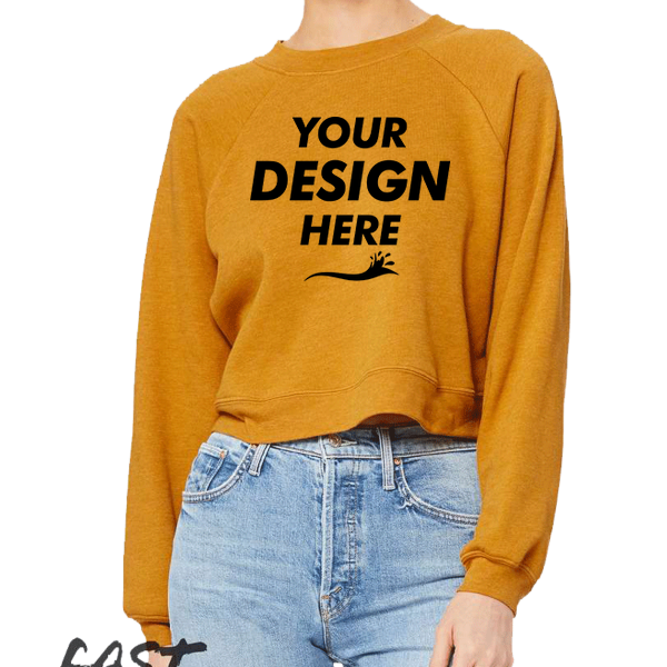 Bella + Canvas Women's Crop Raglan Fleece Crewneck Sweatshirt, Heather Mustard, Front view, Mockup