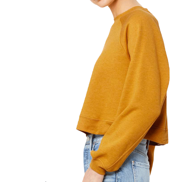 Bella + Canvas Women's Crop Raglan Fleece Crewneck Sweatshirt, Heather Mustard, Left Sleeve view