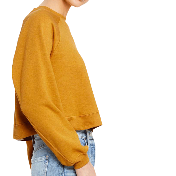 Bella + Canvas Women's Crop Raglan Fleece Crewneck Sweatshirt, Heather Mustard, Right Sleeve view