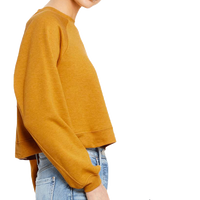 Bella + Canvas Women's Crop Raglan Fleece Crewneck Sweatshirt, Heather Mustard, Right Sleeve view