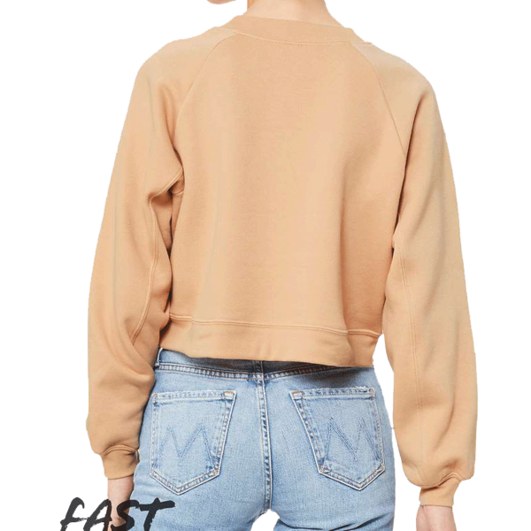 Bella + Canvas Women's Crop Raglan Fleece Crewneck Sweatshirt, Heather Sand Dune, Back view