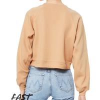 Bella + Canvas Women's Crop Raglan Fleece Crewneck Sweatshirt, Heather Sand Dune, Back view