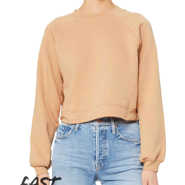 Bella + Canvas Women's Crop Raglan Fleece Crewneck Sweatshirt, Heather Sand Dune, Front view