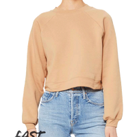 Bella + Canvas Women's Crop Raglan Fleece Crewneck Sweatshirt, Heather Sand Dune, Front view