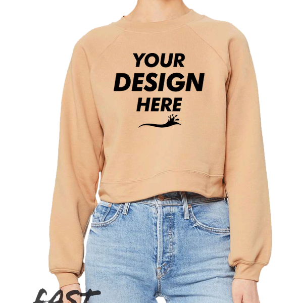 Bella + Canvas Women's Crop Raglan Fleece Crewneck Sweatshirt, Heather Sand Dune, Front view, Mockup