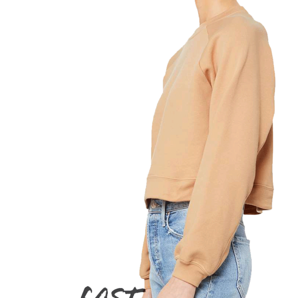 Bella + Canvas Women's Crop Raglan Fleece Crewneck Sweatshirt, Heather Sand Dune, Left Sleeve view