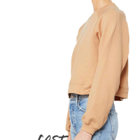 Bella + Canvas Women's Crop Raglan Fleece Crewneck Sweatshirt, Heather Sand Dune, Left Sleeve view