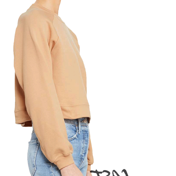 Bella + Canvas Women's Crop Raglan Fleece Crewneck Sweatshirt, Heather Sand Dune, Right Sleeve view