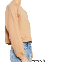Bella + Canvas Women's Crop Raglan Fleece Crewneck Sweatshirt, Heather Sand Dune, Right Sleeve view