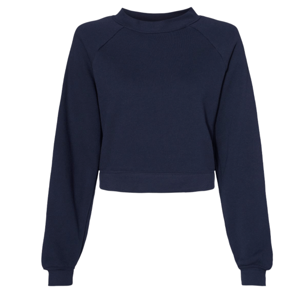 Bella + Canvas Women's Crop Raglan Fleece Crewneck Sweatshirt, Navy, Front view