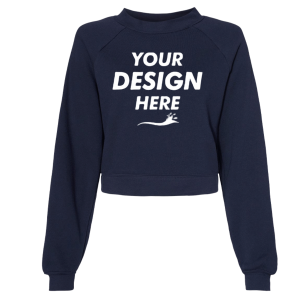 Bella + Canvas Women's Crop Raglan Fleece Crewneck Sweatshirt, Navy, Front view, Mockup
