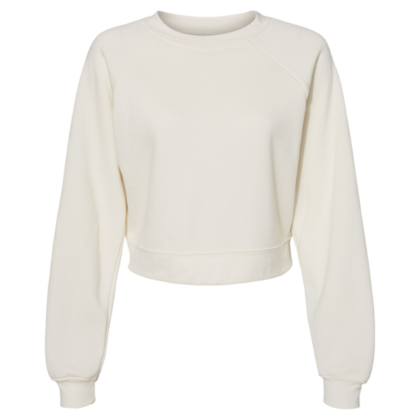 Bella + Canvas Women's Crop Raglan Fleece Crewneck Sweatshirt, Vintage White, Front view