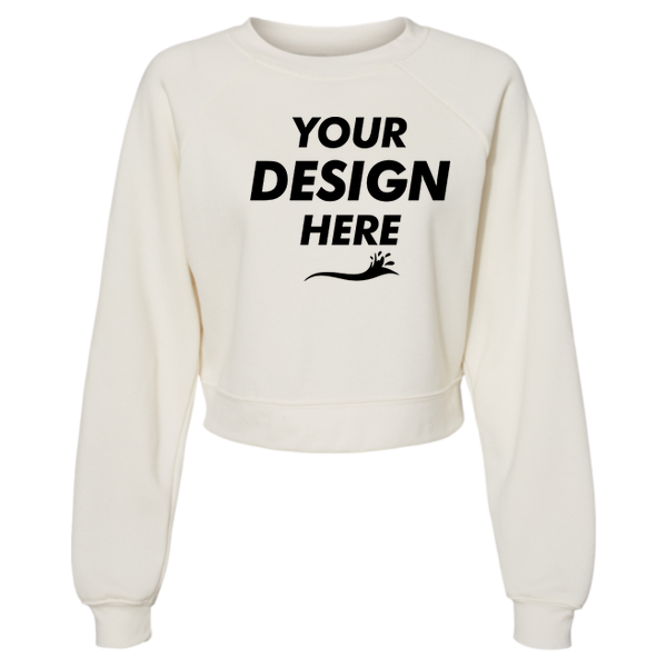 Bella + Canvas Women's Crop Raglan Fleece Crewneck Sweatshirt, Vintage White, Front view, Mockup