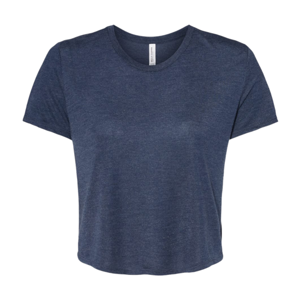 Bella + Canvas Women’s Flowy Crop Tee, Heather Navy, Front view