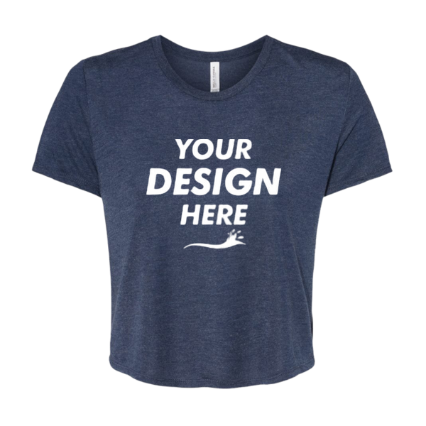 Bella + Canvas Women’s Flowy Crop Tee, Heather Navy, Front view, Mockup