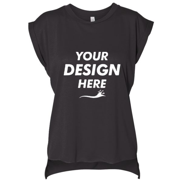Bella + Canvas Women’s Flowy Rolled Cuffs Muscle Tee, Black, Front view, Mockup