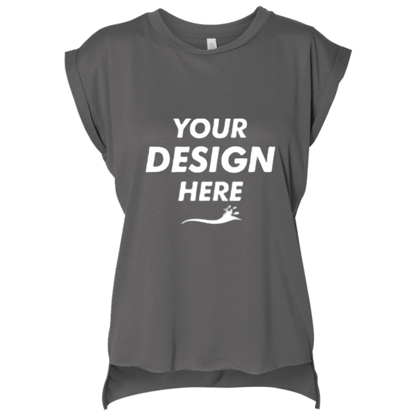 Bella + Canvas Women’s Flowy Rolled Cuffs Muscle Tee, Dark Grey Heather, Front view, Mockup