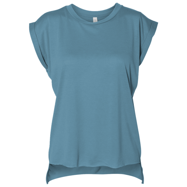 Bella + Canvas Women’s Flowy Rolled Cuffs Muscle Tee, Heather Deep Teal, Front view
