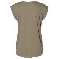 Bella + Canvas Women’s Flowy Rolled Cuffs Muscle Tee, Heather Olive, Back view