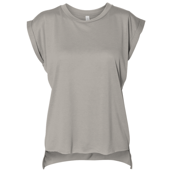 Bella + Canvas Women’s Flowy Rolled Cuffs Muscle Tee, Heather Stone, Front view