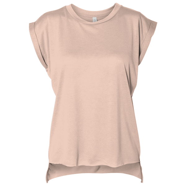 Bella + Canvas Women’s Flowy Rolled Cuffs Muscle Tee, Peach, Front view