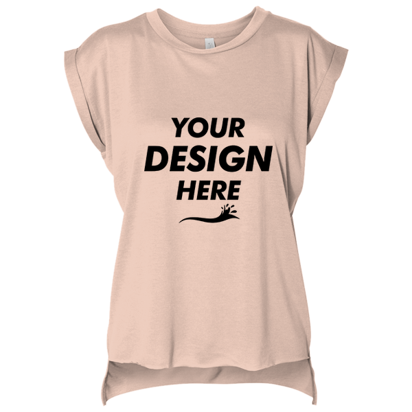 Bella + Canvas Women’s Flowy Rolled Cuffs Muscle Tee, Peach, Front view, Mockup