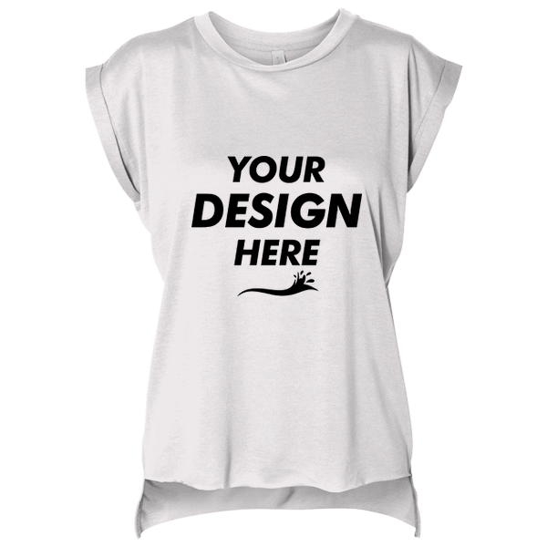 Bella + Canvas Women’s Flowy Rolled Cuffs Muscle Tee, White, Front view, Mockup